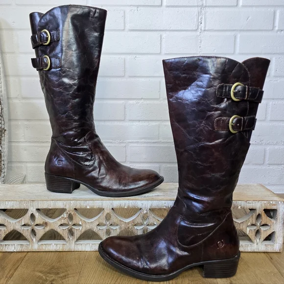 Born Cherry Brown Heeled Knee High Riding Boots Size 8 - Picture 8 of 14